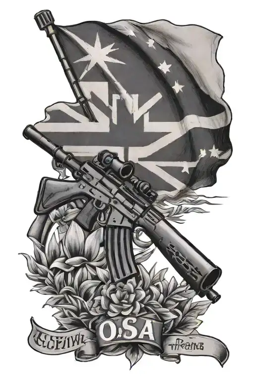 Australian flag and modern rifle with caption "chi osa vince" tattoo design idea