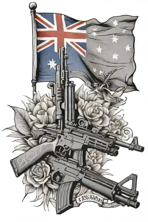 Australian flag and modern rifle with caption "chi osa vince" tattoo design idea