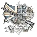 black and white Australian flag and modern rifle with caption "who dares wins" tattoo design idea