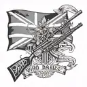 black and white Australian flag and modern rifle with caption "who dares wins" tattoo design idea