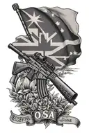 Australian flag and modern rifle with caption "chi osa vince" tattoo design idea