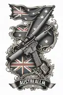 Australian flag and modern rifle with caption "chi osa vince" tattoo design idea