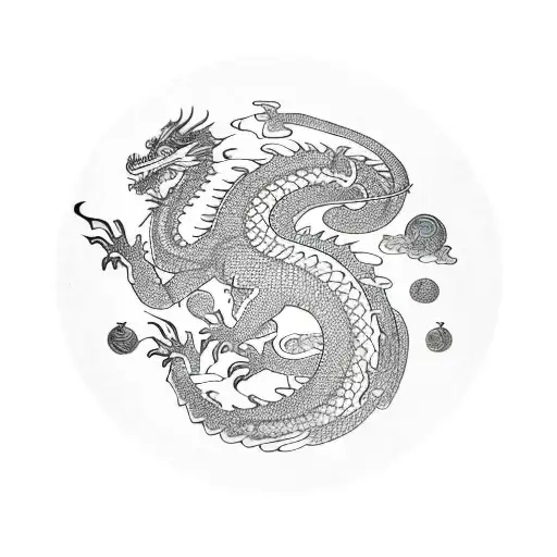 Dragon surrounded by 7 balls and the balls contain zodiac signs tattoo design idea