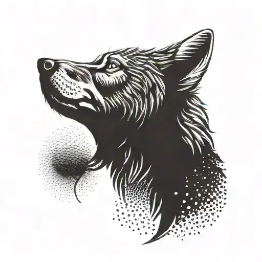 A minimalist dotwork tattoo of a wolf howling at the moon, symbolizing inner strength tattoo design idea