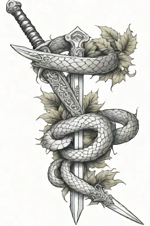 black and white tattoo style sketch of a sword trough snake is wrapped around the whole sword with lots of leaves and th tattoo design idea
