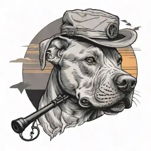 A black-grey tattoo of a pitbull wearing a fishing hat and holding a fishing rod, with a sunset backdrop tattoo design idea
