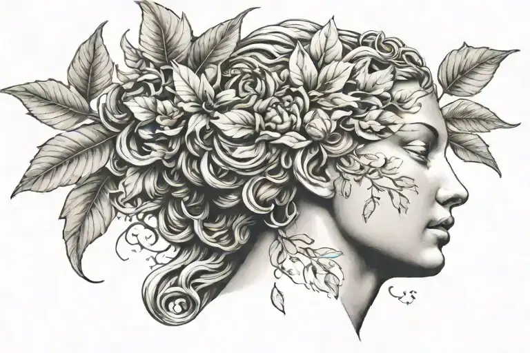 the statue of Venus face with break leafs behind her head tattoo design idea
