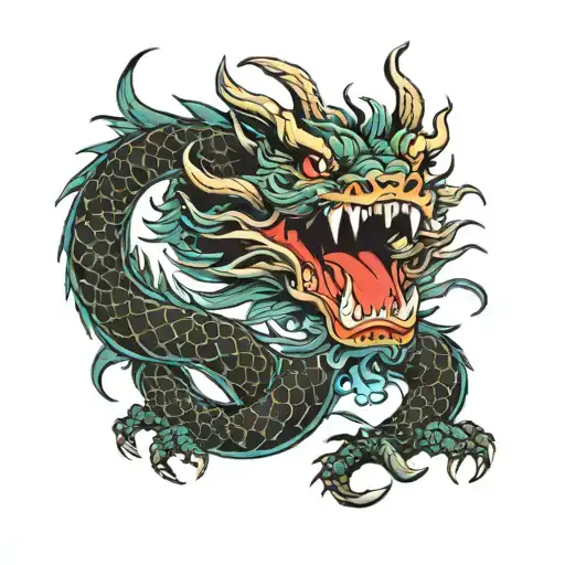 colorful angry asia dragon  tattoo design idea