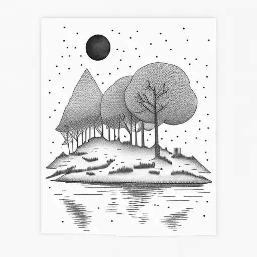 Nature (trees, lakes, moon) in frames  tattoo design idea