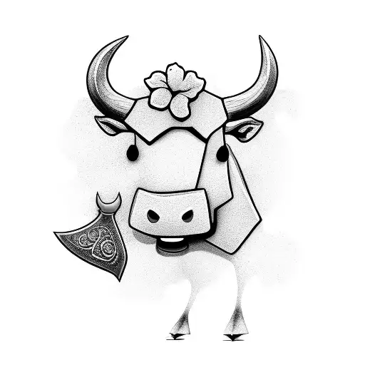 cartoon cow with knife roses and a car tattoo design idea