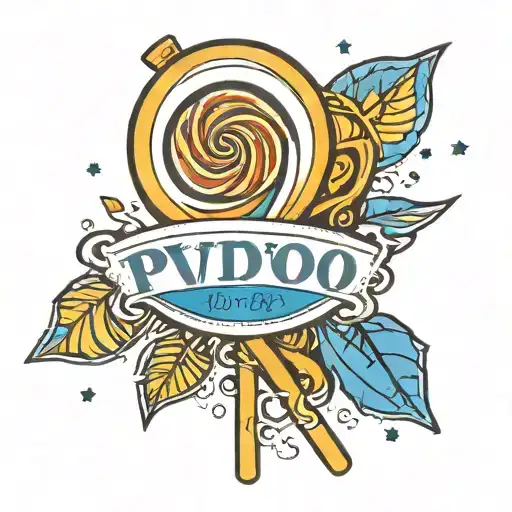 blue, yellow and white lollipop with text that reads PVD2 tattoo design idea