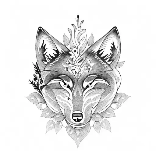 A traditional tattoo design featuring a wolf howling at the moon with floral accents and leafy vines. tattoo design idea