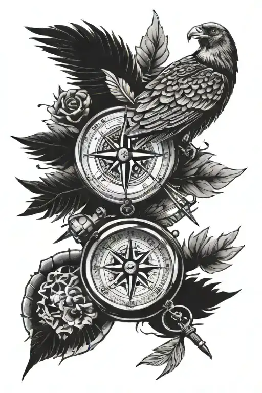 compass hawk and 1973 inside tattoo design idea