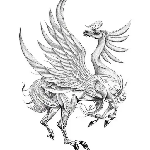 Design a captivating and unique tattoo featuring the majestic Pegasus rising from the ground, surrounded by colorful and tattoo design idea