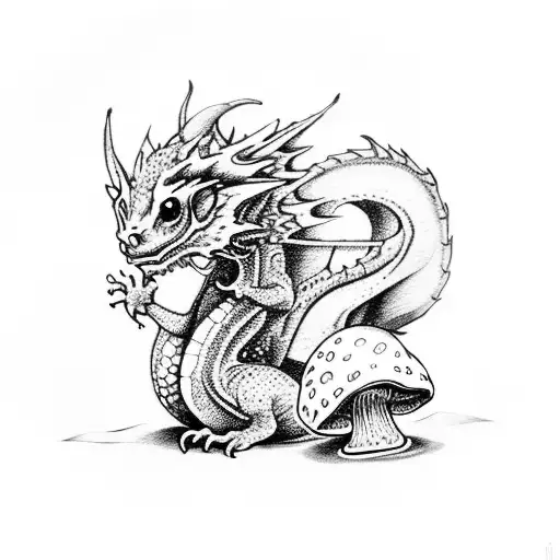 small Dragon sitting on a mushroom tattoo design idea