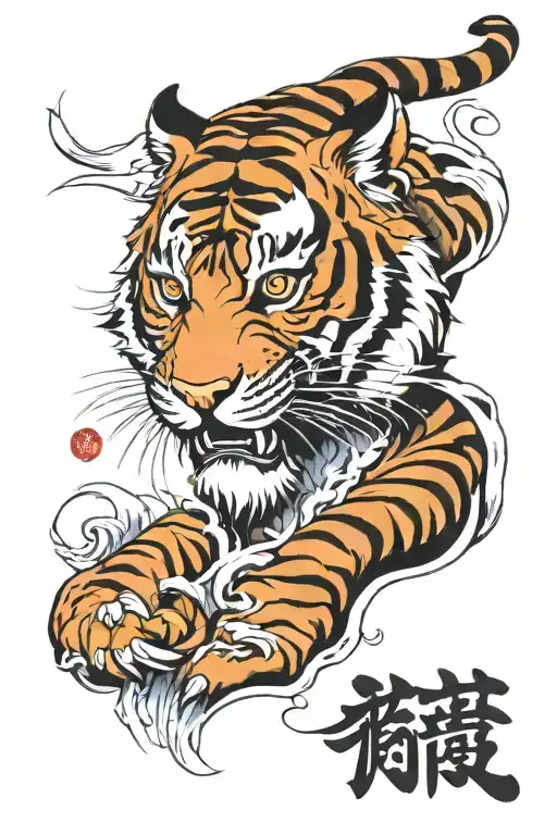 tiger head with japanese writing tattoo design idea