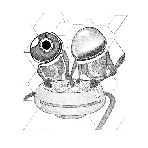 A futuristic WALL·E and EVE cooking together in a sleek kitchen tattoo design idea