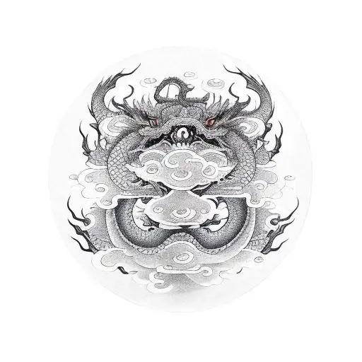 symmetric dragon face with one hundred eyes arranged in a circle tattoo design idea