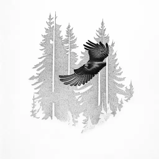 A raven soaring through a forest of redwood trees tattoo design idea