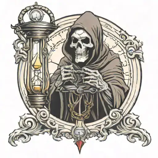 Grim Reaper removing mask holding an hourglass  tattoo design idea