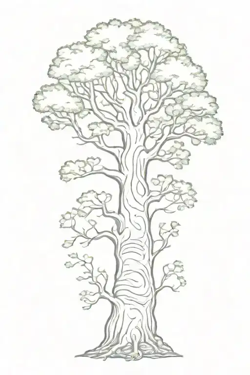 black and white baobab tree with roots and ivy and moss tattoo design idea