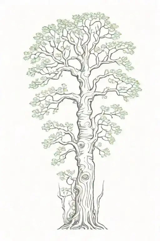 black and white baobab tree with roots and ivy creeping up it and patches of moss on the trunk tattoo design idea