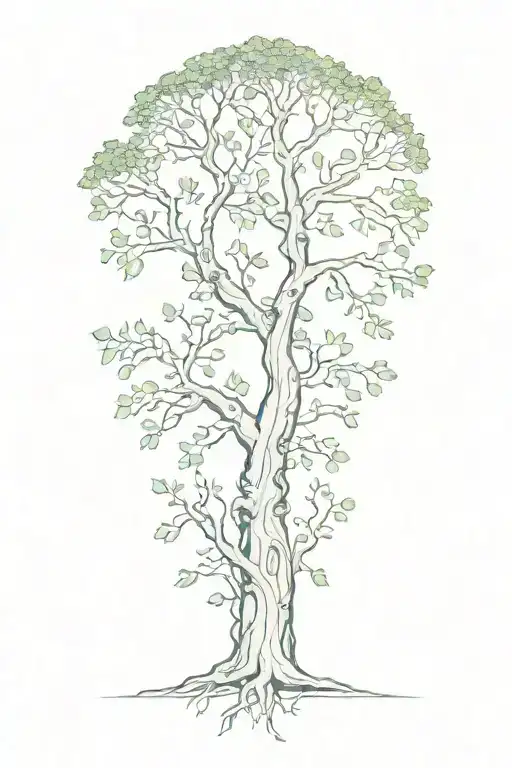 minimalist baobab tree with roots and ivy creeping up it and patches of moss on the trunk for the back of my  tattoo design idea