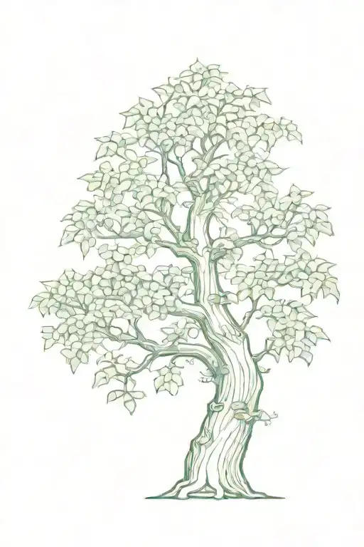 baobao tree with ivy creeping up and patches of moss on the trunk tattoo design idea
