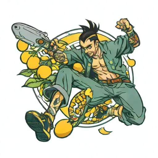 man kicking mangoes anime tattoo design idea