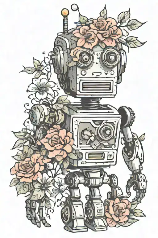 robot and flowers intertwined tattoo design idea
