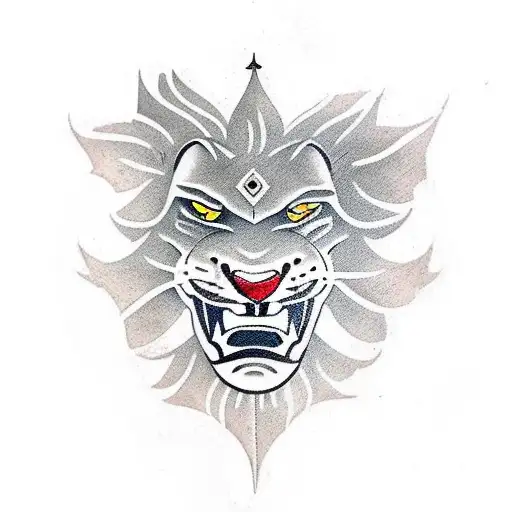 A traditional style tattoo of a roaring lion with a heavy metal guitar tattoo design idea