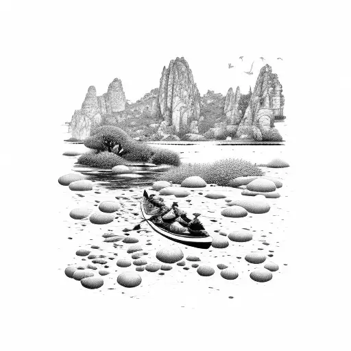 A dotwork design of the stunning Ardèche landscape, with a kayak floating peacefully on the river tattoo design idea
