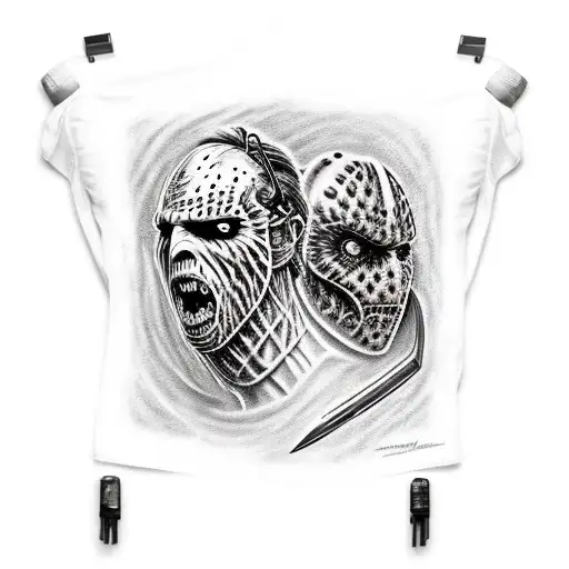 Create a realistic portrait of Ash Williams battling iconic horror villains from Friday the 13th and Nightmare on Elm Street tattoo design idea