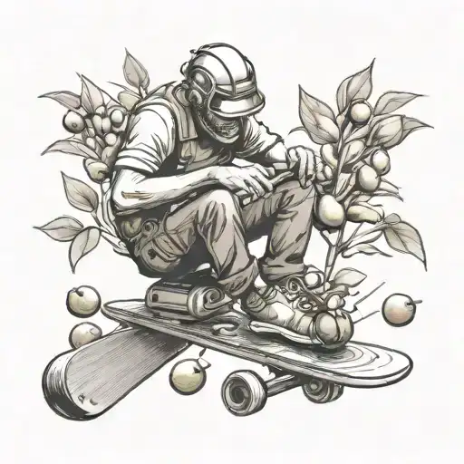 A boilermaker welding a skateboard together with olives scattered around tattoo design idea