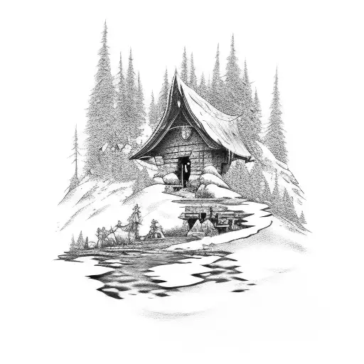 an elb and a dwarf est with a small stream and big mountains behind tattoo design idea