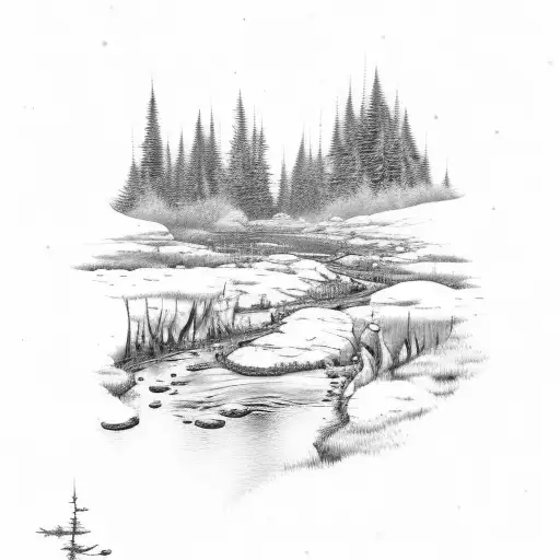 an elb and a dwarf in front, behind an forest with a small stream and big mountains behind tattoo design idea