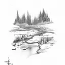 an elb and a dwarf in front, behind an forest with a small stream and big mountains behind tattoo design idea