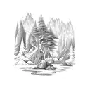 an elb and a dwarf in front, behind an forest with a small stream and big mountains behind tattoo design idea