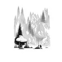 an elb and a dwarf in front, behind an forest with a small stream and big mountains behind tattoo design idea