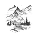 an elb and a dwarf in front, behind an forest with a small stream and big mountains behind tattoo design idea
