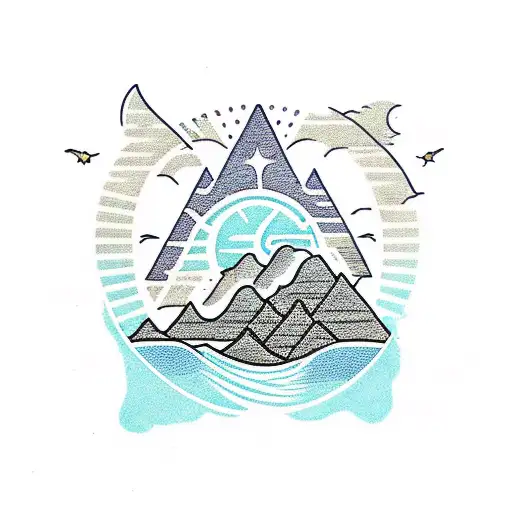 mountain, sun, sea, airplane, palm tattoo design idea