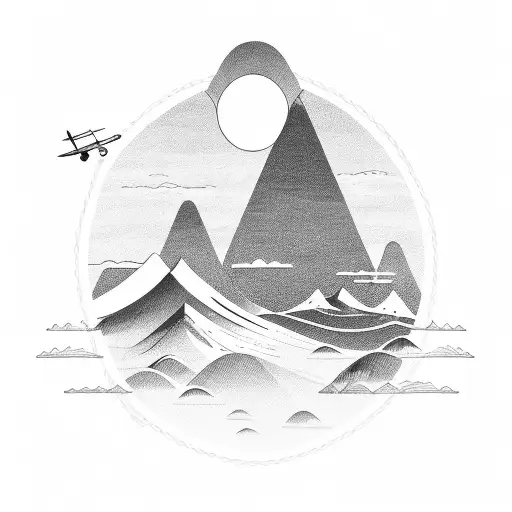 mountain, sun, sea, airplane, palm tattoo design idea