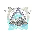 mountain, sun, sea, airplane, palm tattoo design idea