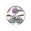 mountain, sun, sea, airplane, palm tattoo design idea