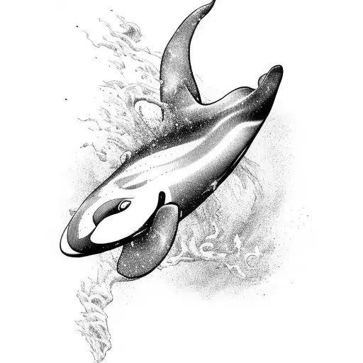 A black and grey orca whale leaping over a field of arrows tattoo design idea