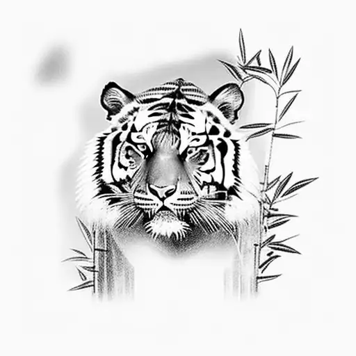 Tiger walking through bushes and bamboo tattoo design idea