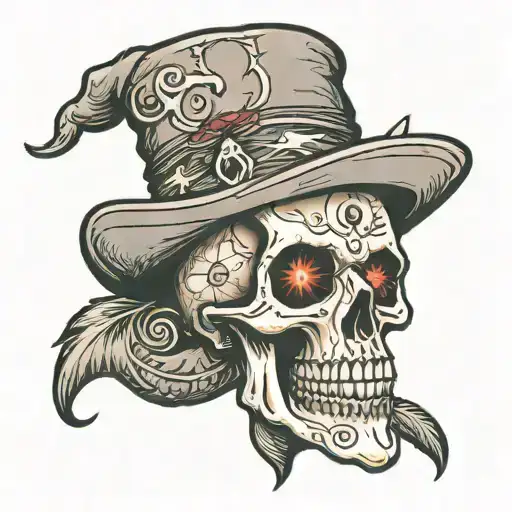 evil Louisiana voodoo skull wearing a hat tattoo design idea