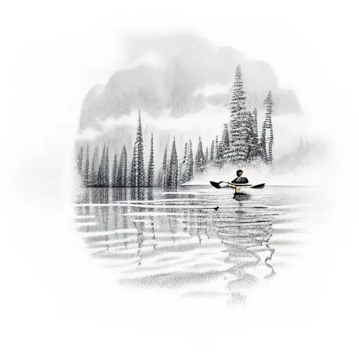 A kayak floating on a serene lake with a lush forest backdrop tattoo design idea