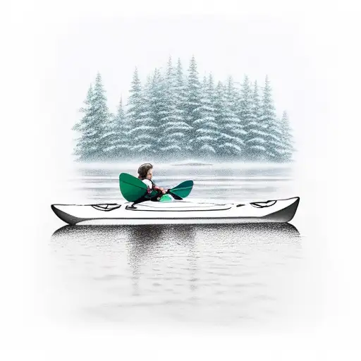 A kayak floating on a serene lake with a lush forest backdrop tattoo design idea