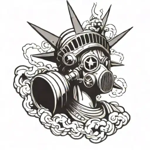 statue of Liberty wearing a gas mask with a reflection of an atomic bomb going off in the lens of the mask.  tattoo design idea
